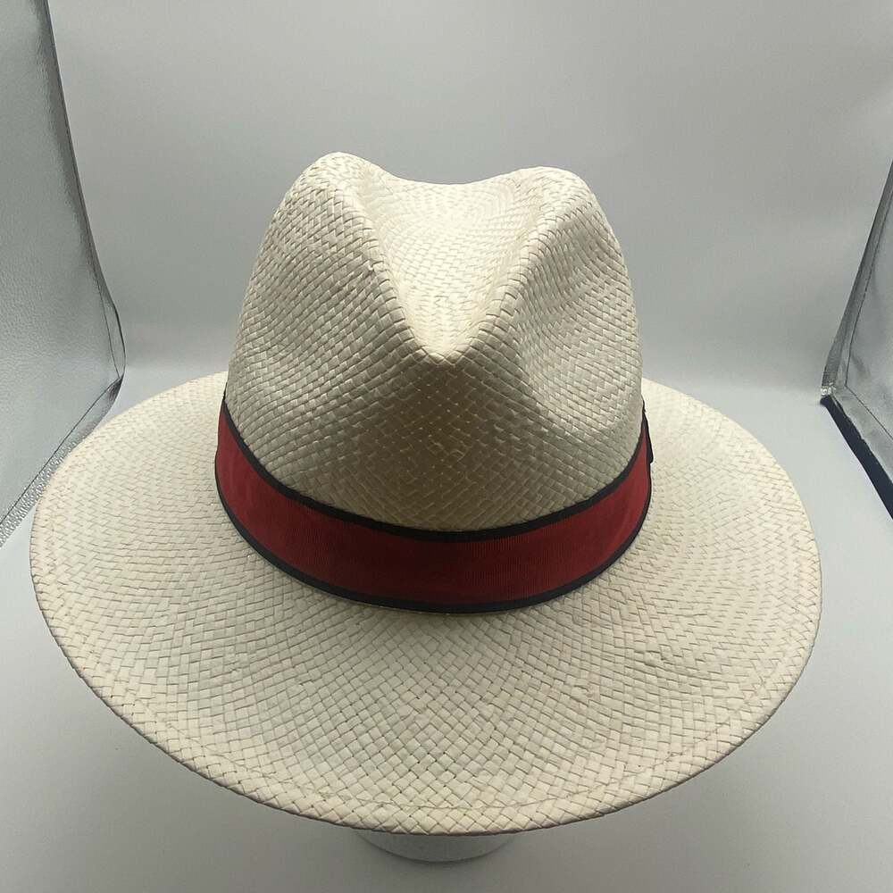 Saks Fifth Avenue Natural Fibre Handwoven Fedora Hat with Red and Black Ribbon